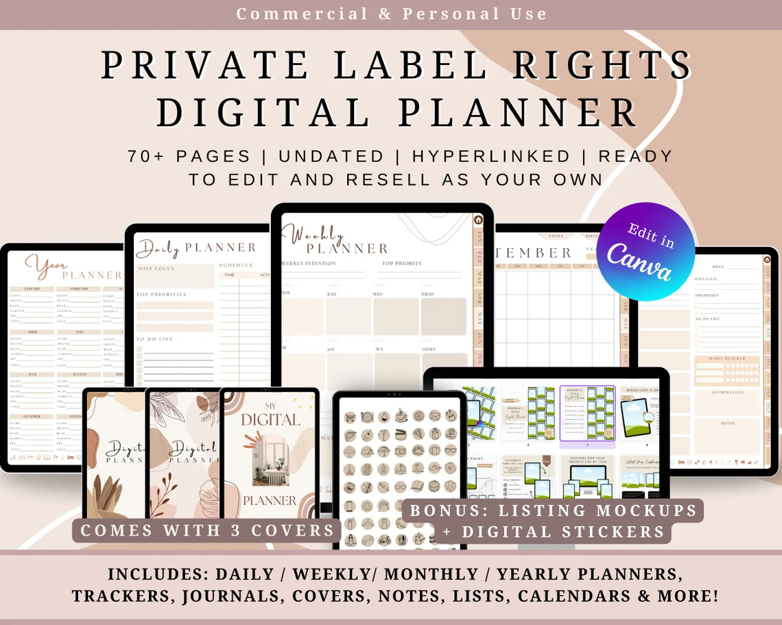 Editable Canva PLR digital planner Hyperlinked PLR planner for resell Customizable digital planner templates for Canva Digital PLR planner with productivity trackers