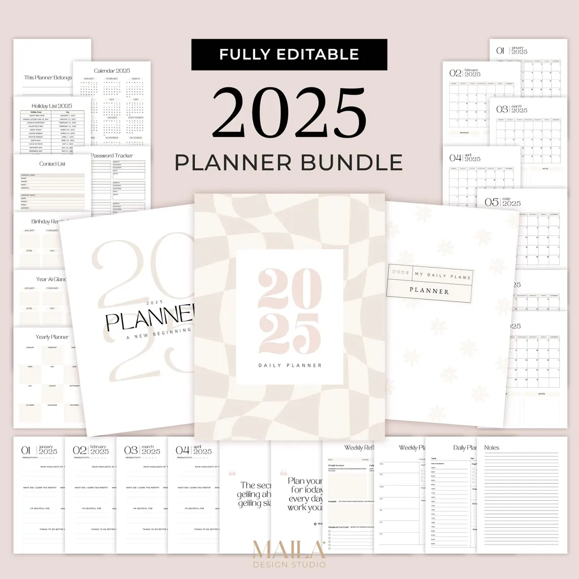2025 Beige Planner Template with extra covers Customizable 2025 planner in Canva Printable beige planner with 49 pages Neutral aesthetic planner with Canva templates